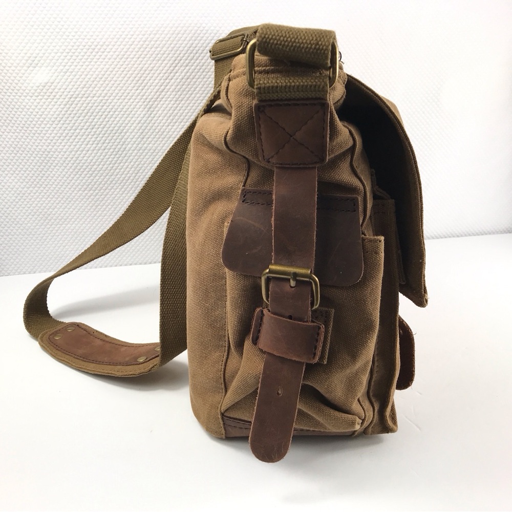 S.C.COTTON Leather and Khaki Canvas Messenger Laptop Office Bag - Picture 5 of 11